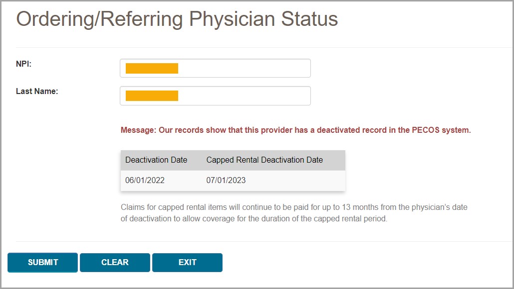 Imagen de myCGS que muestra el estatus desactivado de un medico 