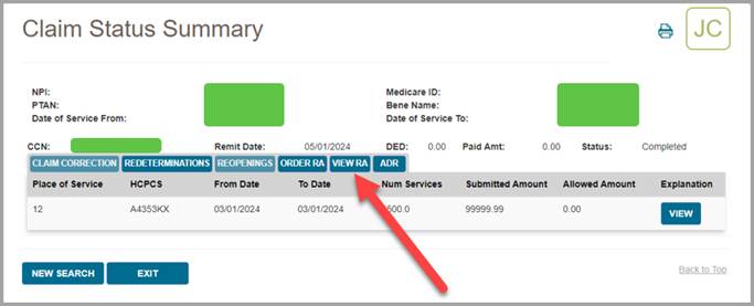 The Claim Status Summary screen now includes a View RA button.