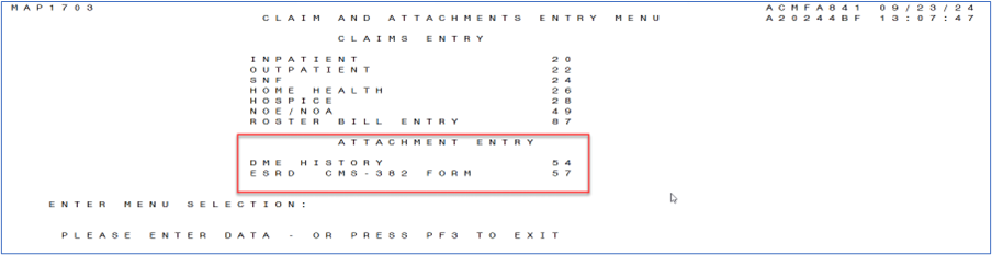 Claims and Attachments Entry Menu (MAP1703)