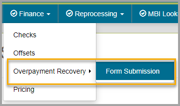 Navigate to the Finance menu and select Overpayment Recovery – Form Submission