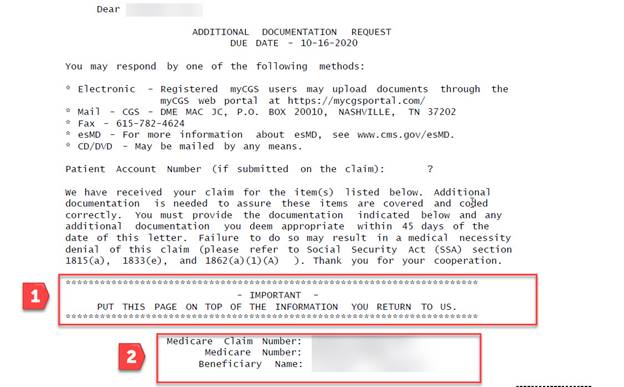 Image of an ADR letter with the following information emphasized: 1. Important – Put this page on top of the information you return to us. 2. demonstrates placement of Medicare Claim Number, Medicare Number, and Beneficiary Name
