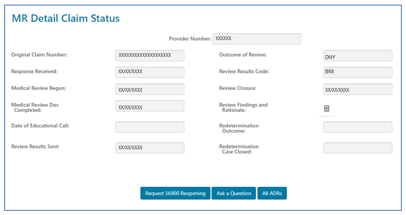 Image of myCGS Medical Review (MR) Detail Claim Status page.