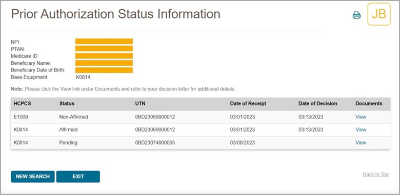 Imagen de la pantalla de myCGS para la informacion del estatus de la solicitud