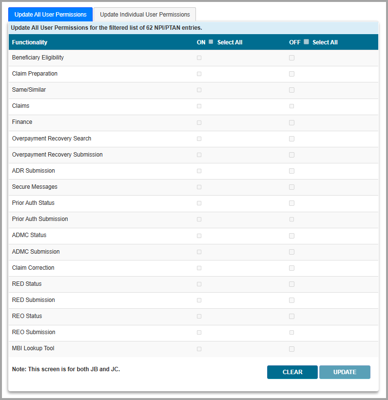 Update All User Permissions tab