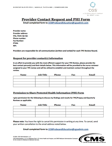 Provider Contact Request and PHI Form Sample